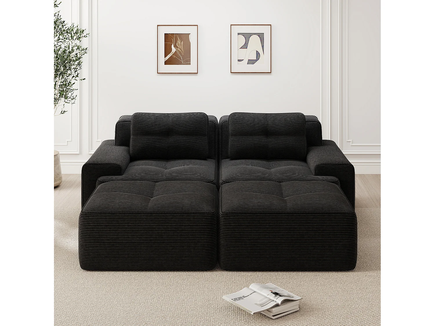 Sofá modular de pana de 2 plazas con 2 otomanas - Negro