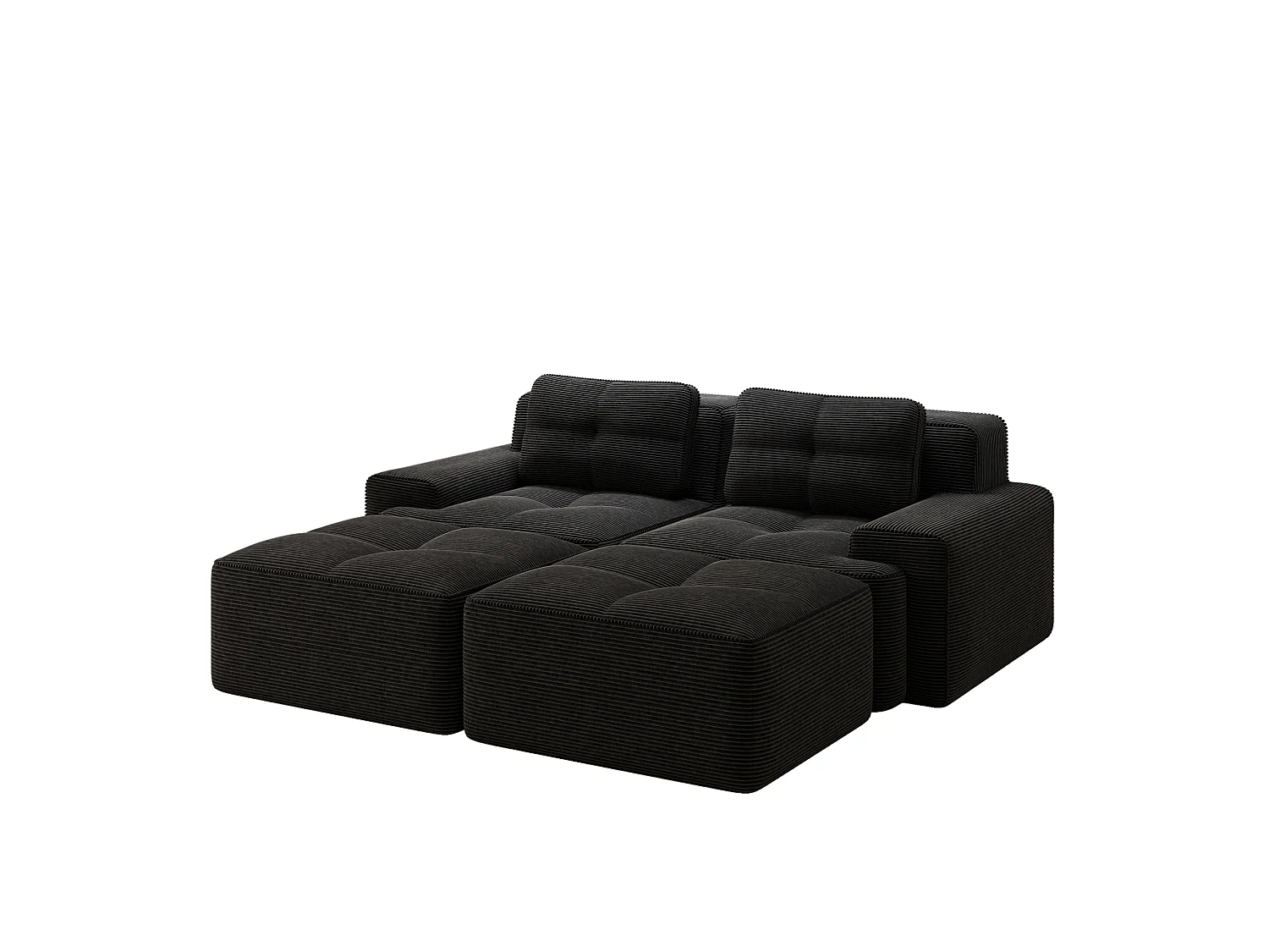 Sofá modular de pana de 2 plazas con 2 otomanas - Negro