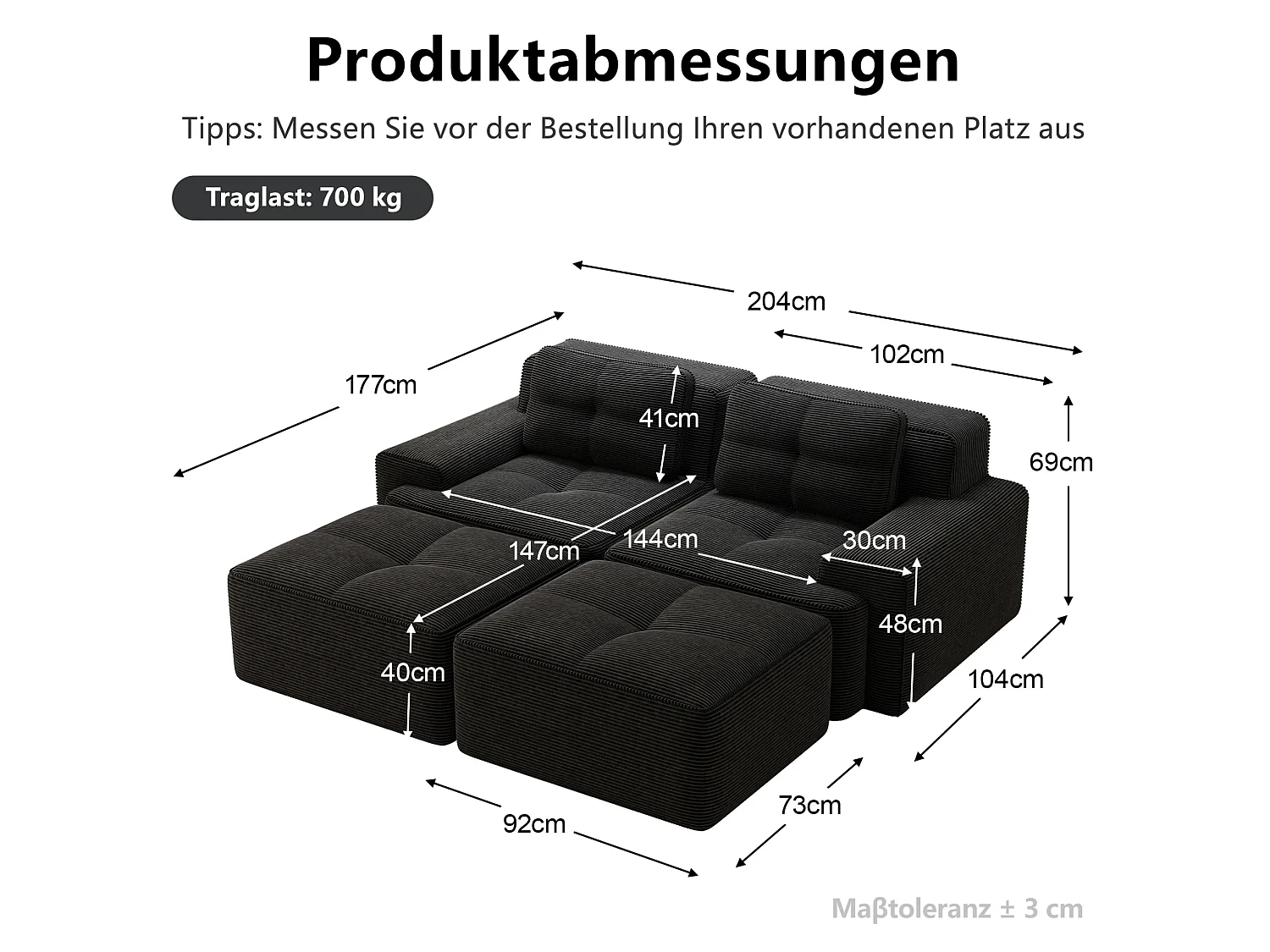 Sofá modular de pana de 2 plazas con 2 otomanas - Negro