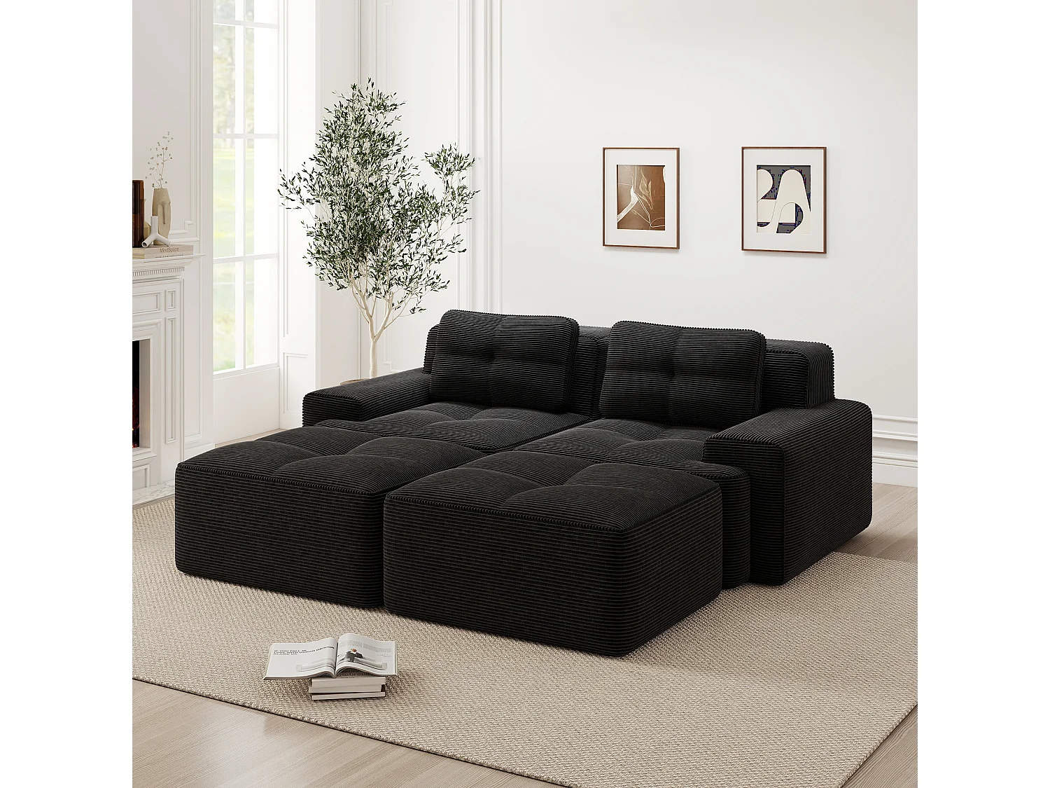 Sofá modular de pana de 2 plazas con 2 otomanas - Negro