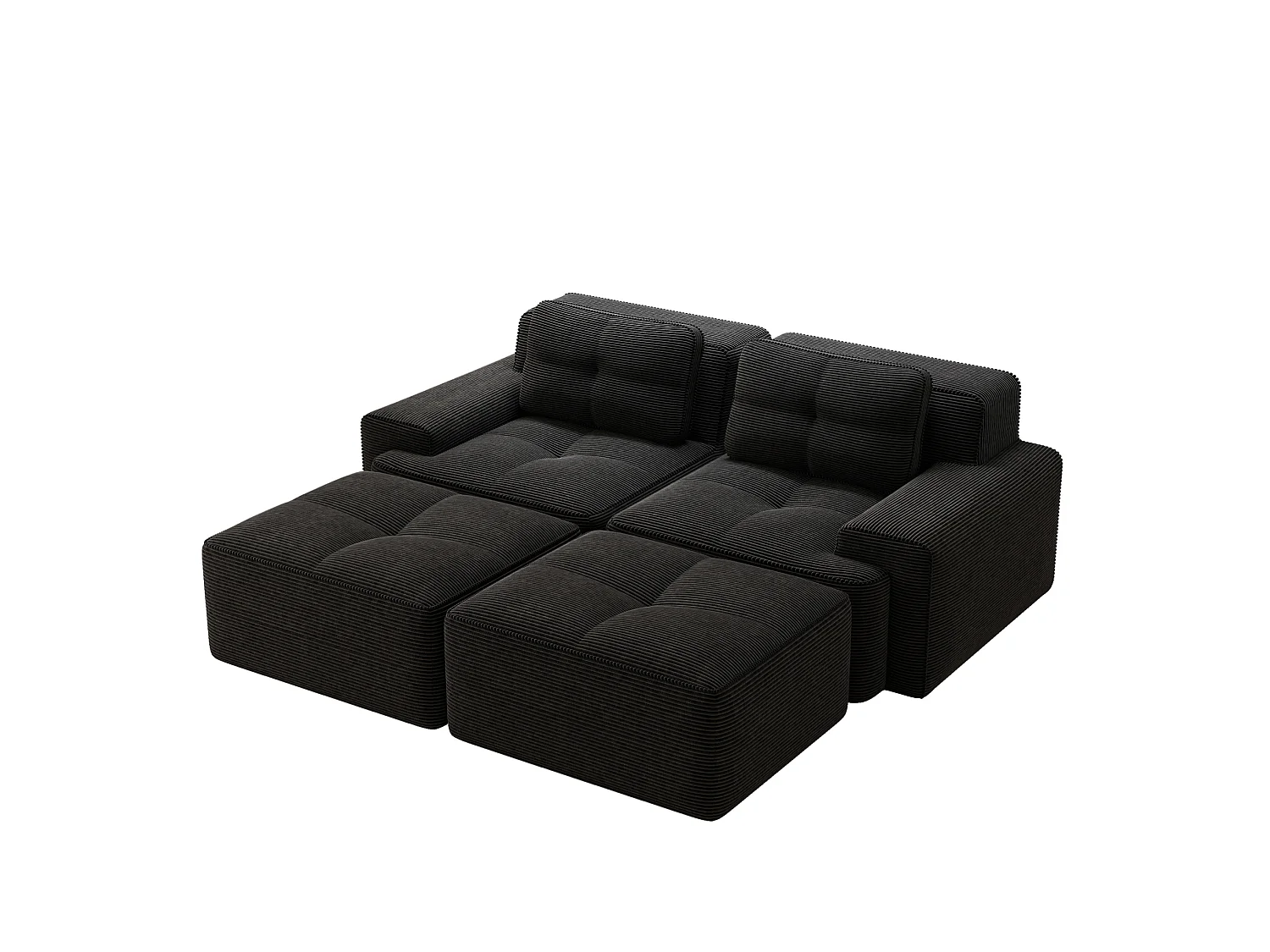 Sofá modular de pana de 2 plazas con 2 otomanas - Negro