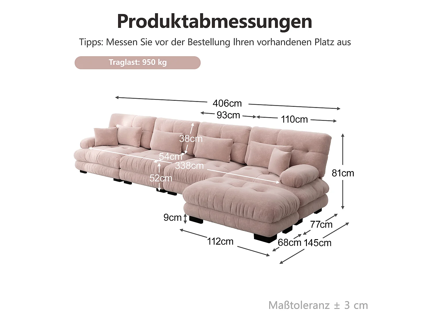 Divano componibile a 4 posti, 406 cm, in ciniglia con pouf - Rosa