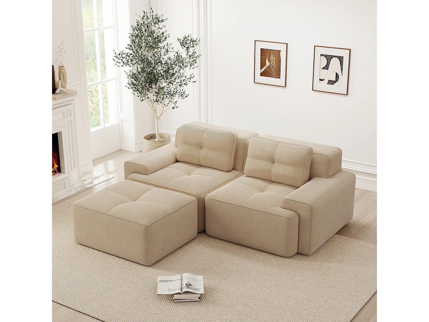 Sofá modular de 2 plazas de pana con otomana - Beige