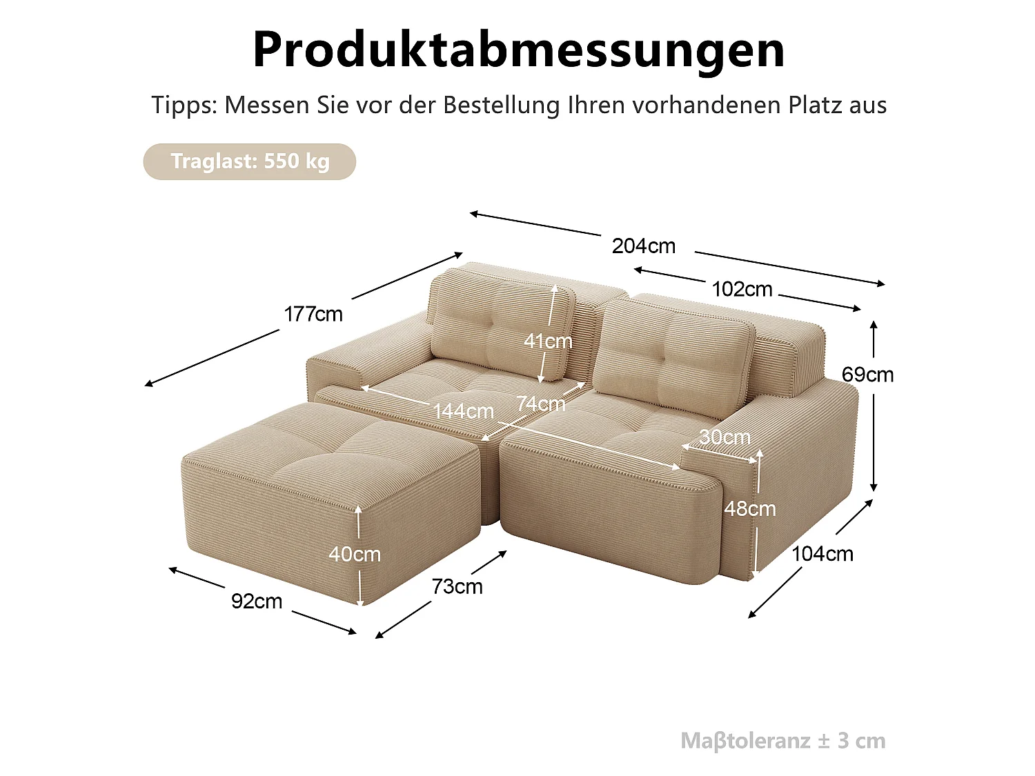 Sofá modular de 2 plazas de pana con otomana - Beige