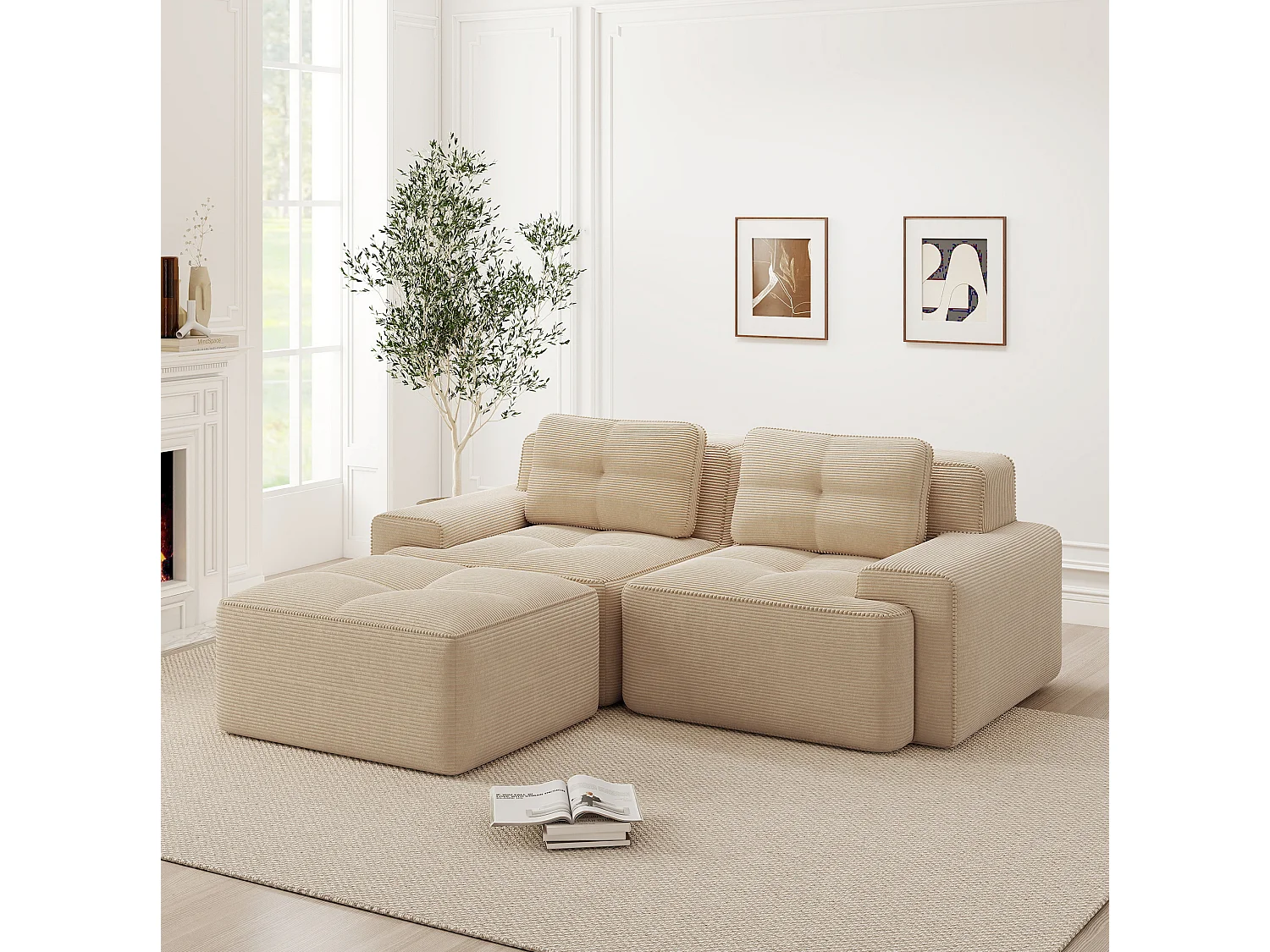 Sofá modular de 2 plazas de pana con otomana - Beige