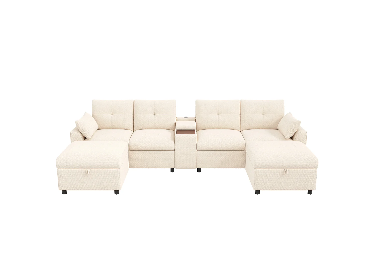 Canapé modulable 4 places en chenille avec 2 poufs et USB/Type-C - Beige