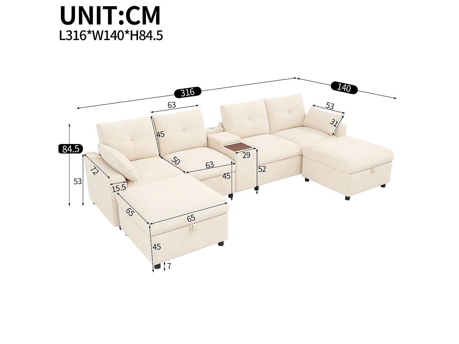 Canapé modulable 4 places en chenille avec 2 poufs et USB/Type-C - Beige