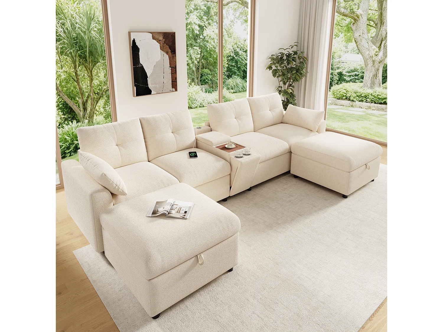 Canapé modulable 4 places en chenille avec 2 poufs et USB/Type-C - Beige