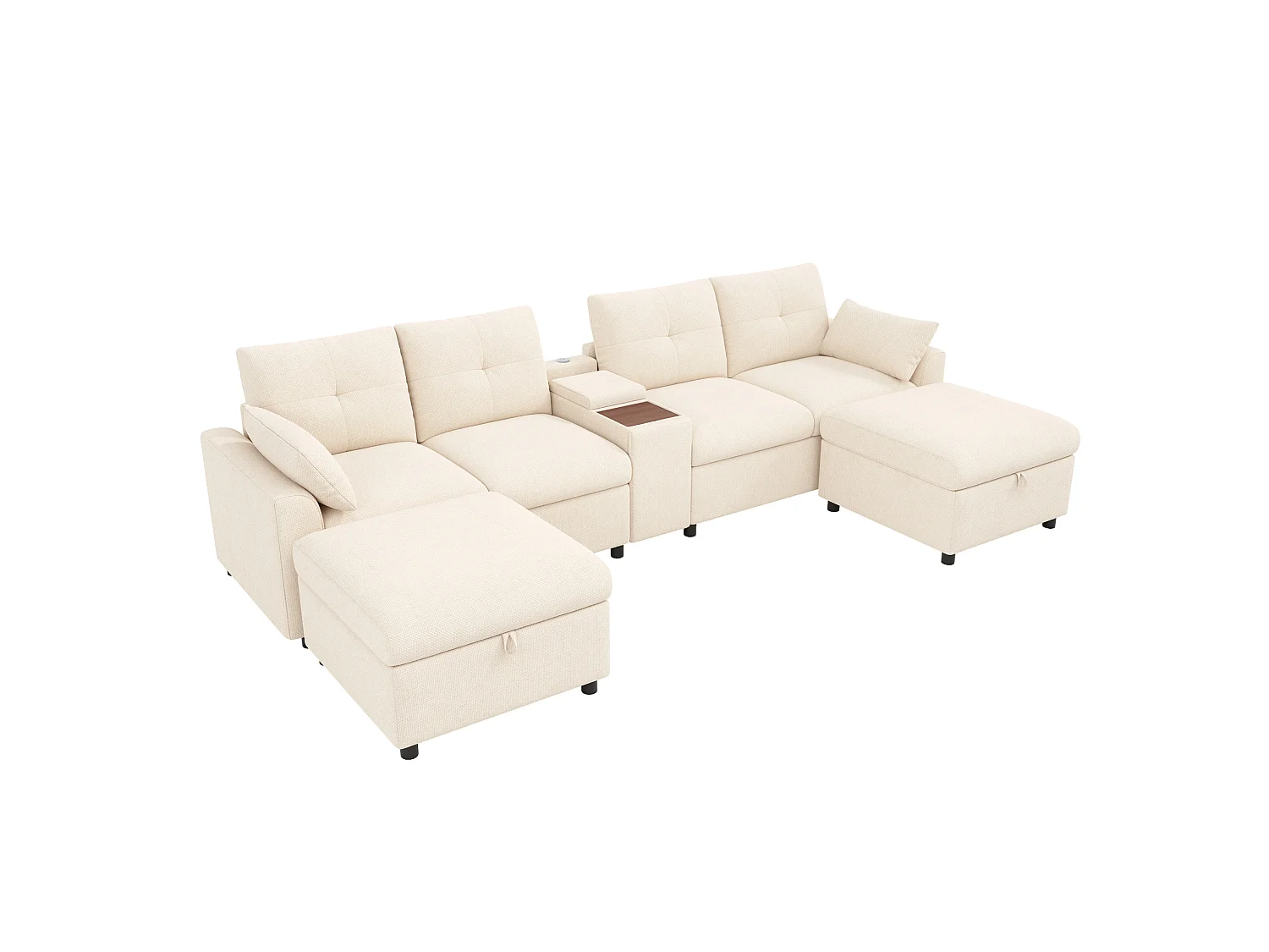 Canapé modulable 4 places en chenille avec 2 poufs et USB/Type-C - Beige