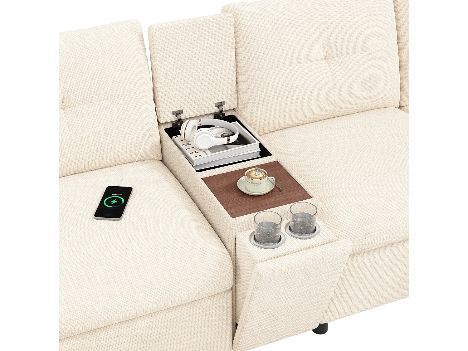 Canapé modulable 4 places en chenille avec 2 poufs et USB/Type-C - Beige