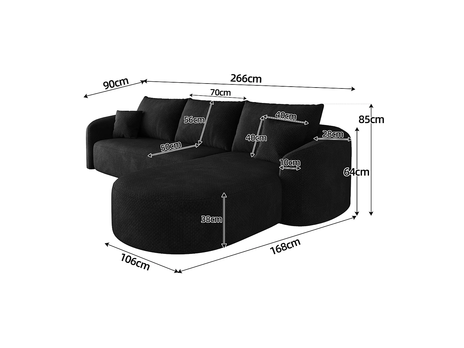 Modulaire L-vormige hoekbank, 3-zits, chenille bekleding - Geen montage nodig - Zwart