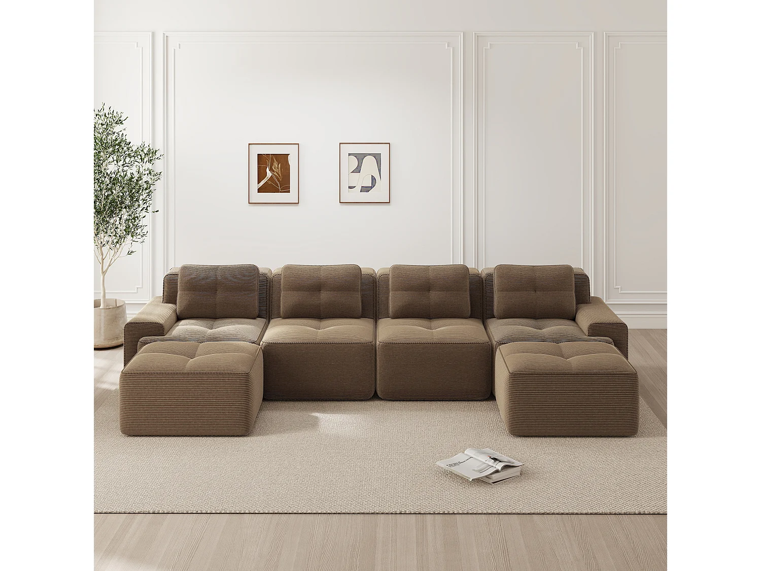 Sofá modular de 4 plazas, 382 cm, de pana con 2 otomanas - Marrón
