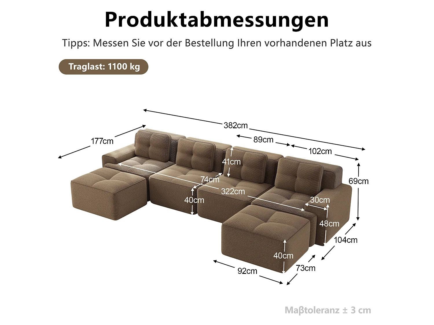 Sofá modular de 4 plazas, 382 cm, de pana con 2 otomanas - Marrón