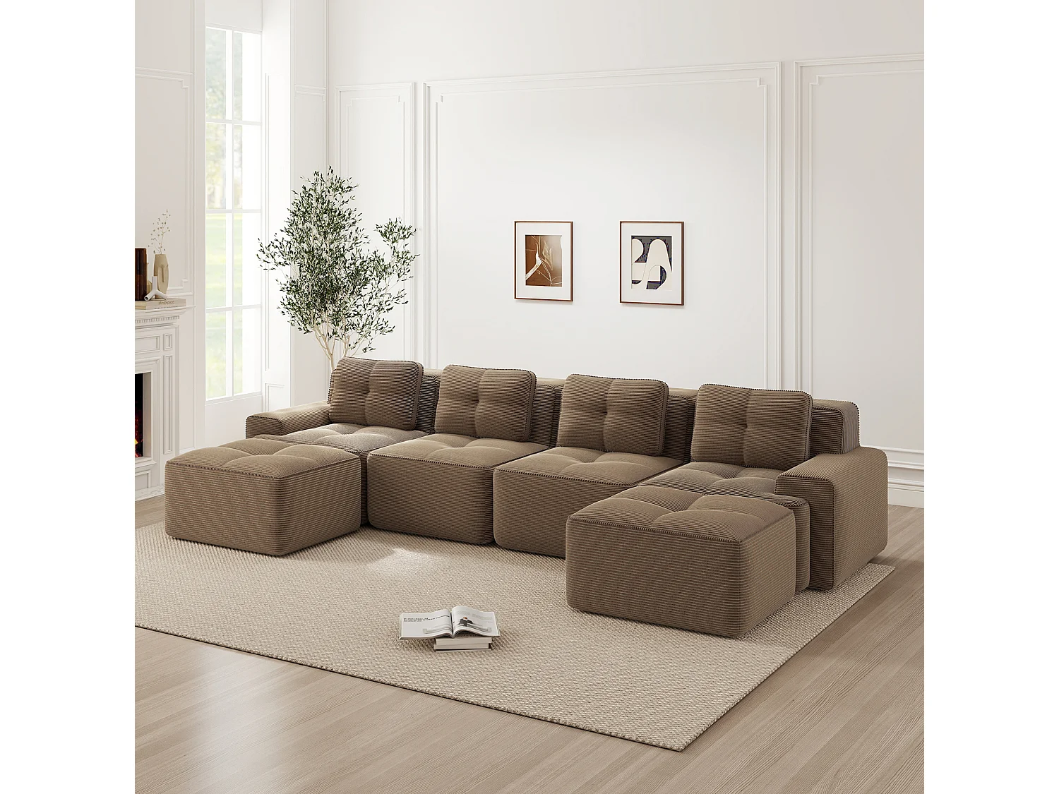 Sofá modular de 4 plazas, 382 cm, de pana con 2 otomanas - Marrón