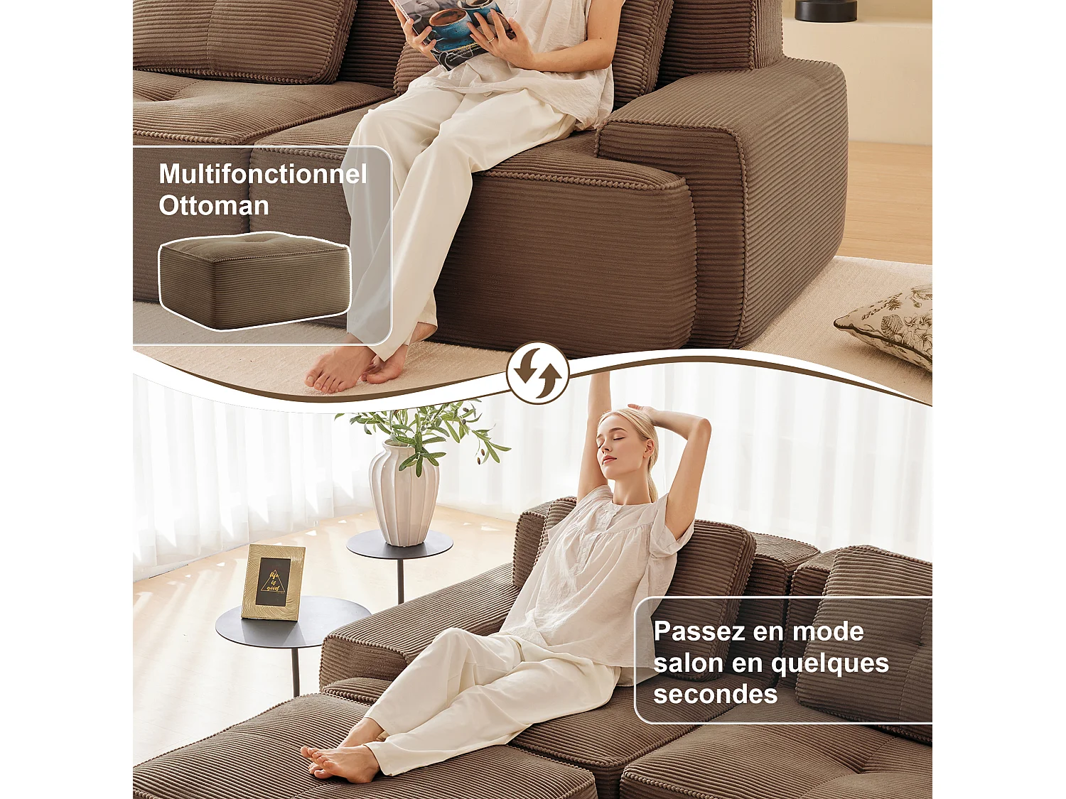 Sofá modular de 4 plazas, 382 cm, de pana con 2 otomanas - Marrón