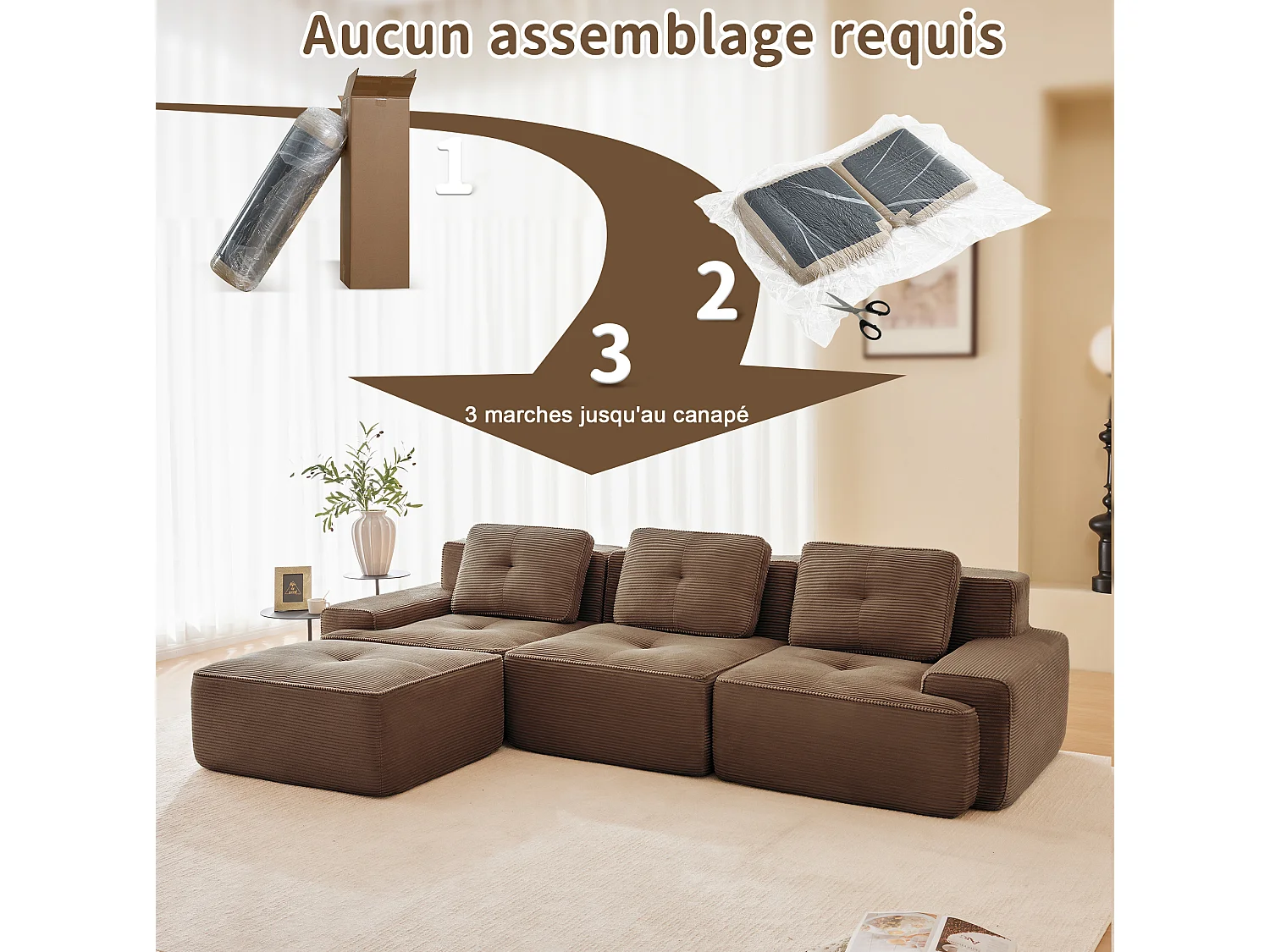 Sofá modular de 4 plazas, 382 cm, de pana con 2 otomanas - Marrón