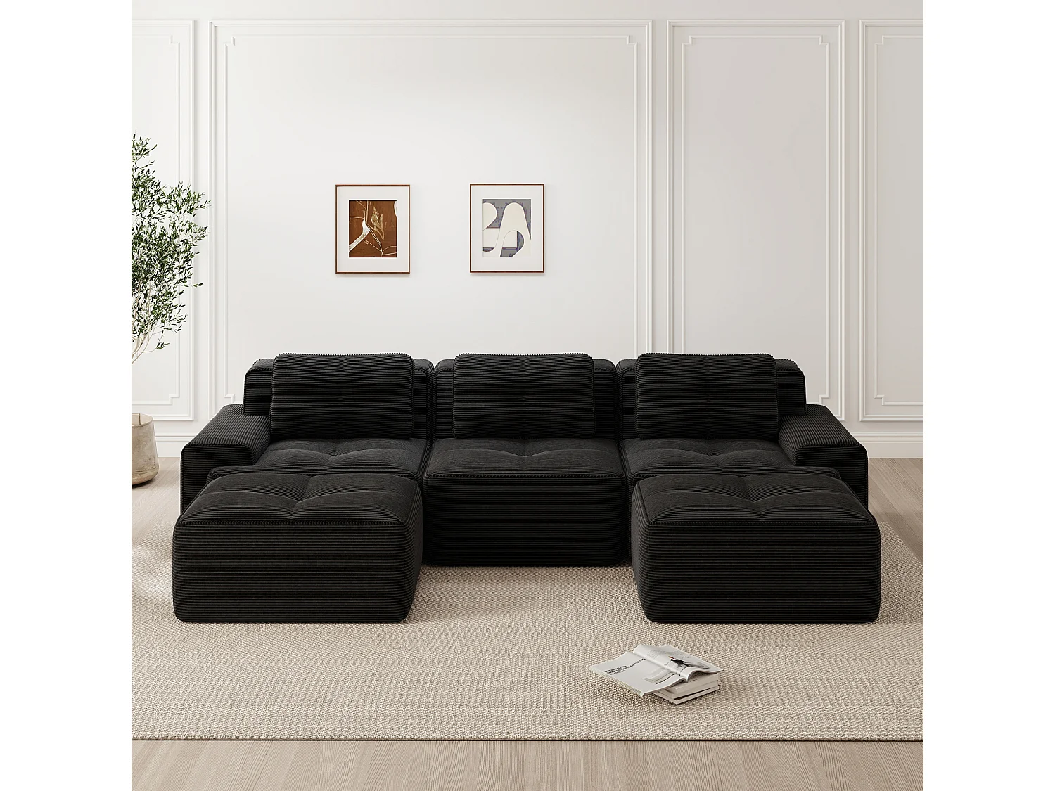 Canapé modulable en U 3 places avec 2 poufs et 3 coussins - Noir