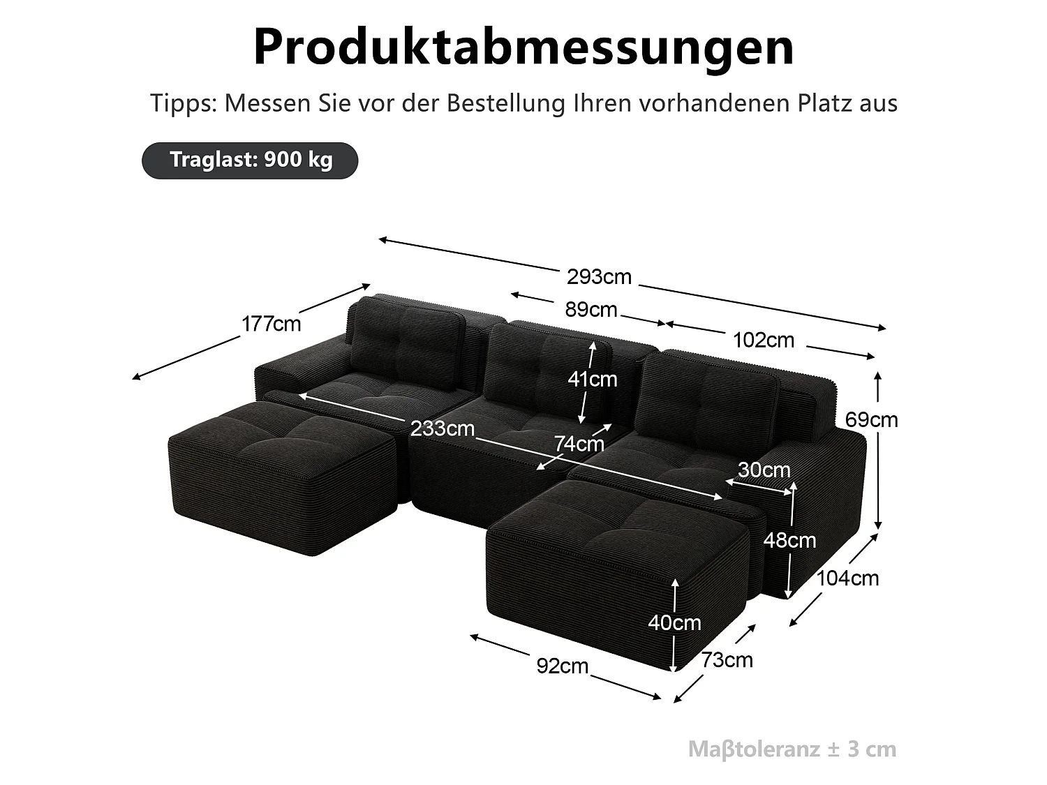 Canapé modulable en U 3 places avec 2 poufs et 3 coussins - Noir