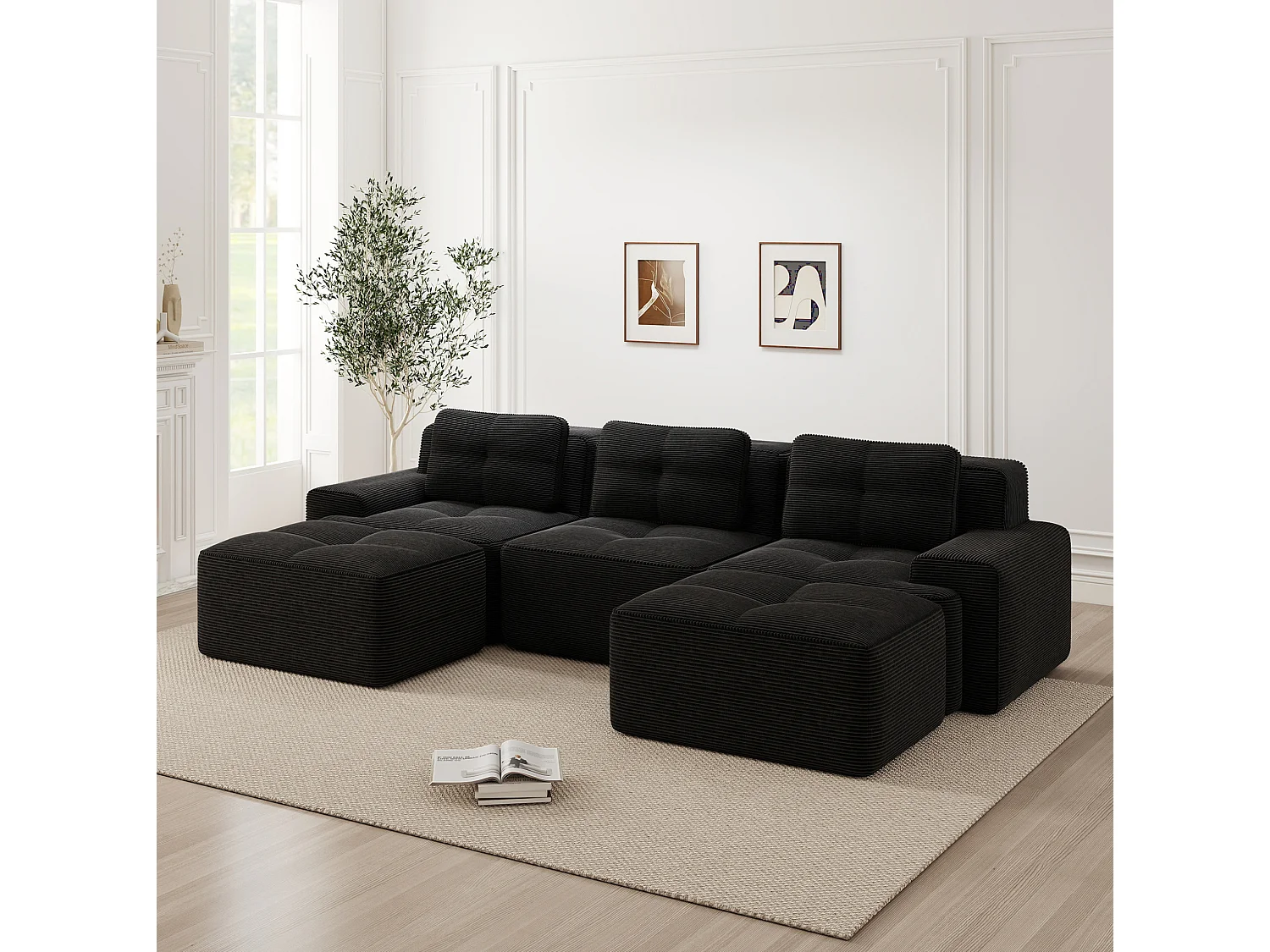 Canapé modulable en U 3 places avec 2 poufs et 3 coussins - Noir