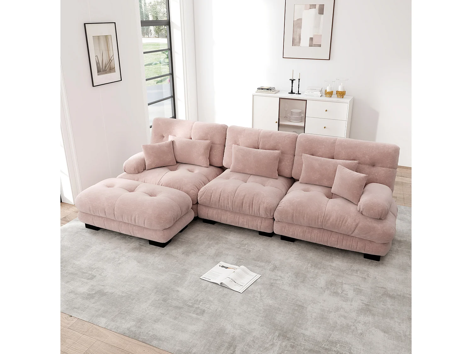 Canapé modulable 3 places 313 cm avec pouf - Tissu chenille rose