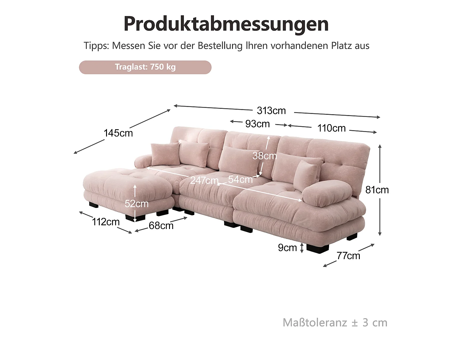 Canapé modulable 3 places 313 cm avec pouf - Tissu chenille rose