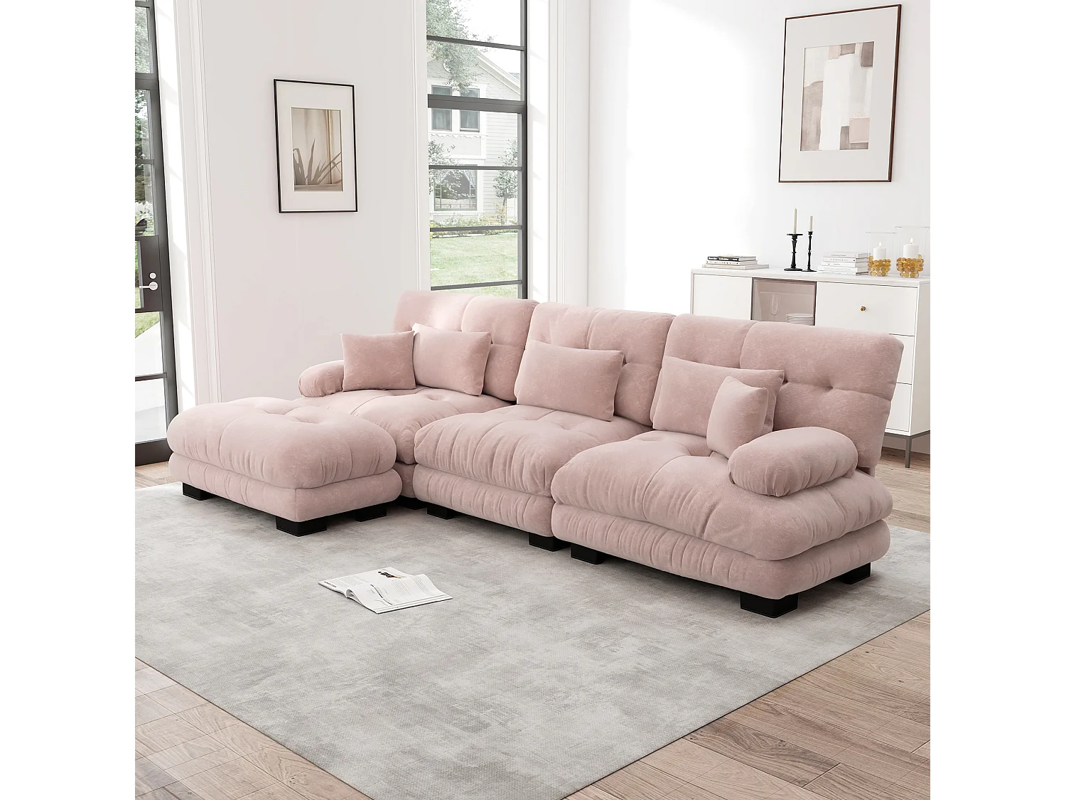 Canapé modulable 3 places 313 cm avec pouf - Tissu chenille rose