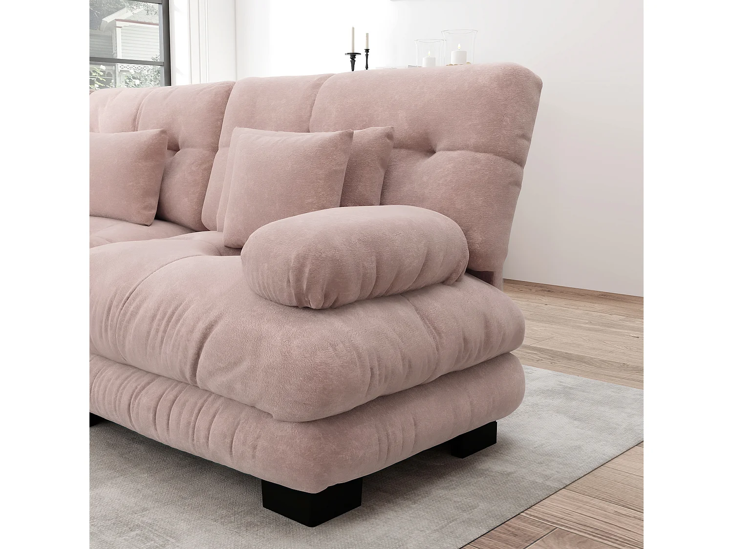 Canapé modulable 3 places 313 cm avec pouf - Tissu chenille rose