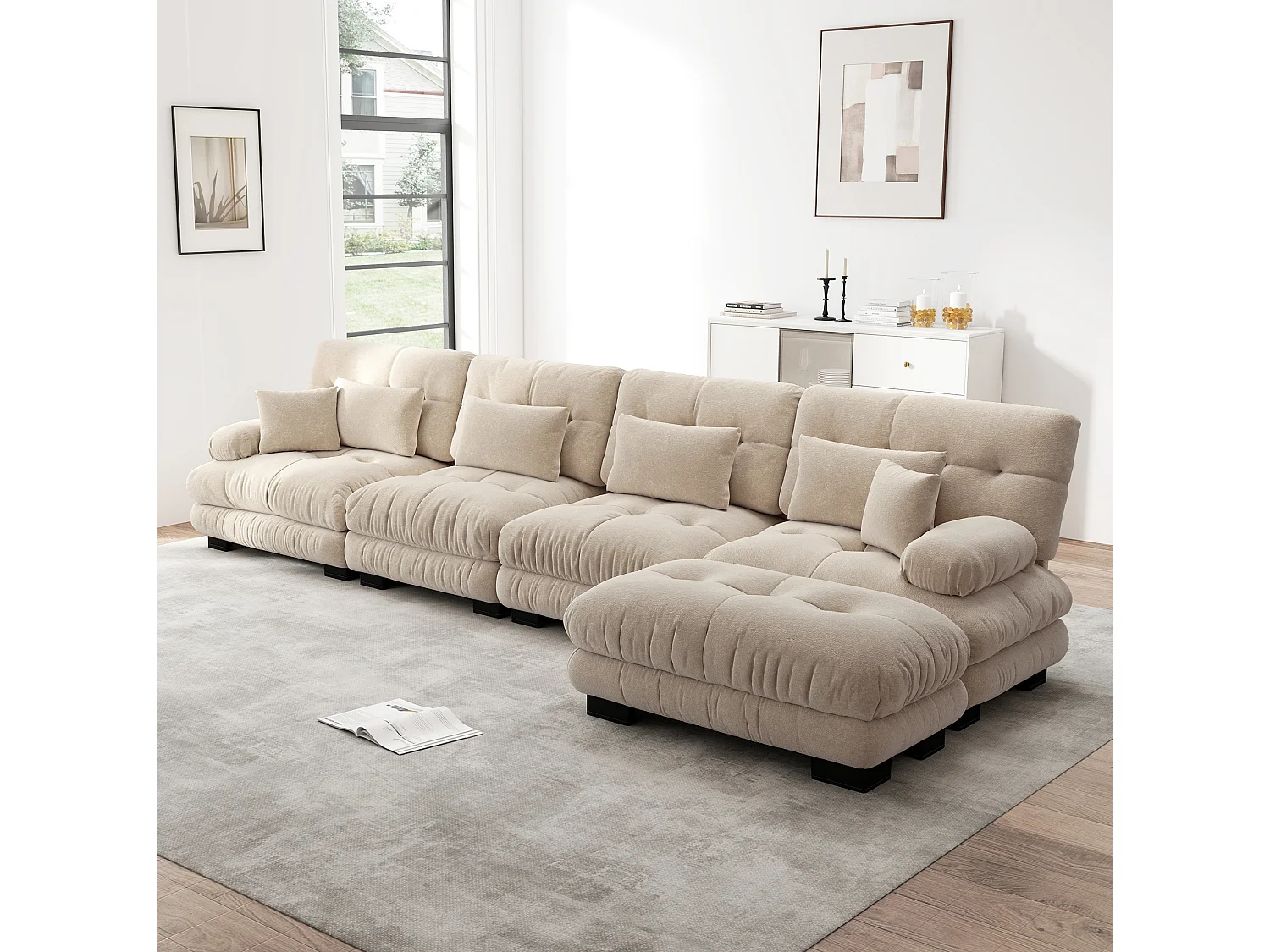Divano componibile a 4 posti, 406 cm, in ciniglia con pouf - Marrone chiaro