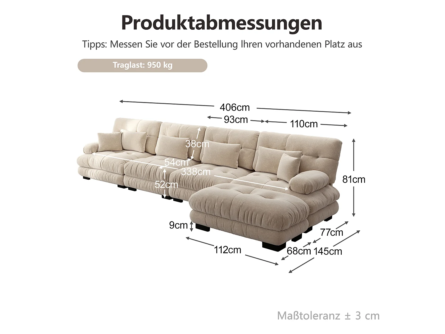 Divano componibile a 4 posti, 406 cm, in ciniglia con pouf - Marrone chiaro