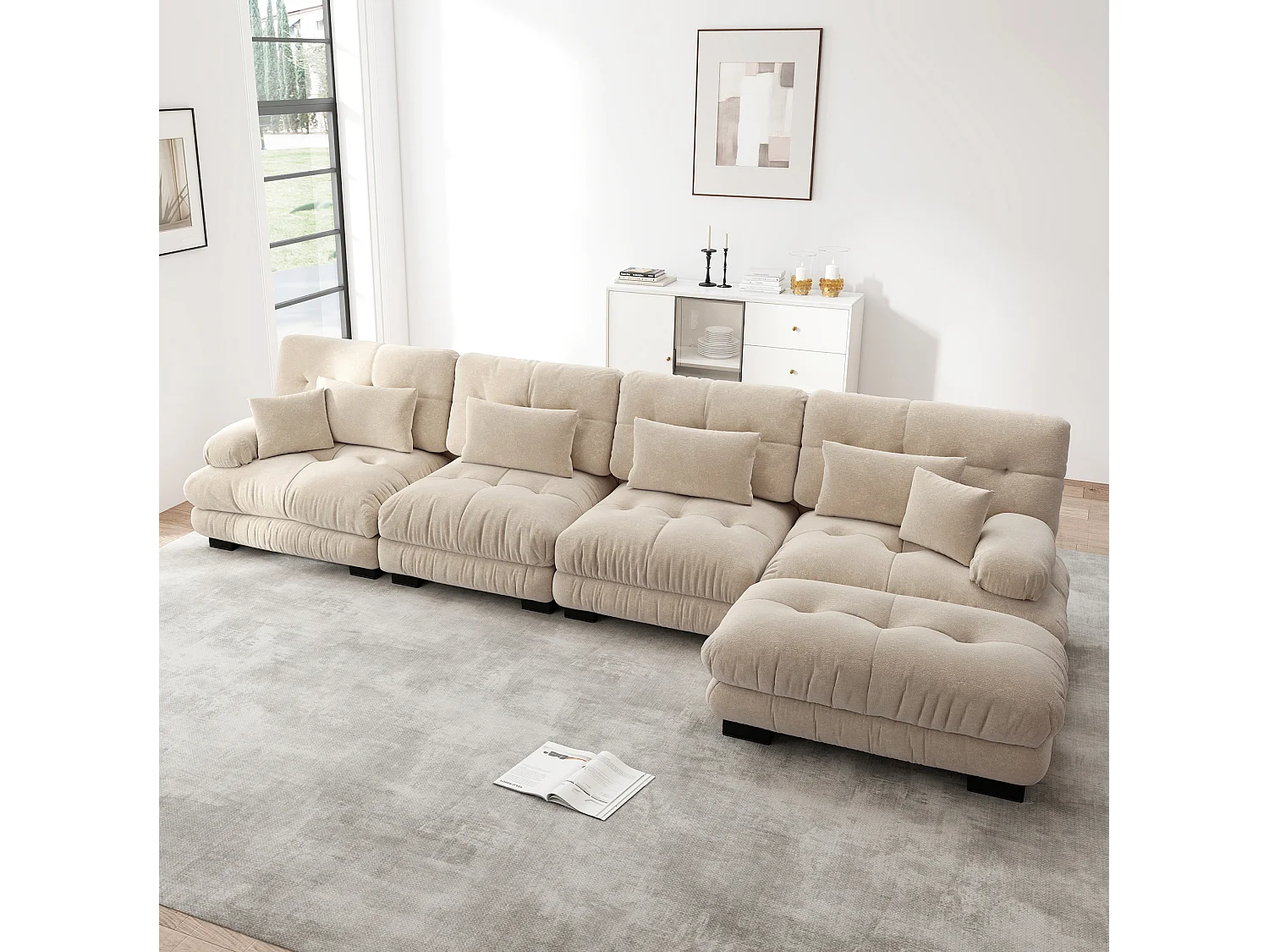 Divano componibile a 4 posti, 406 cm, in ciniglia con pouf - Marrone chiaro