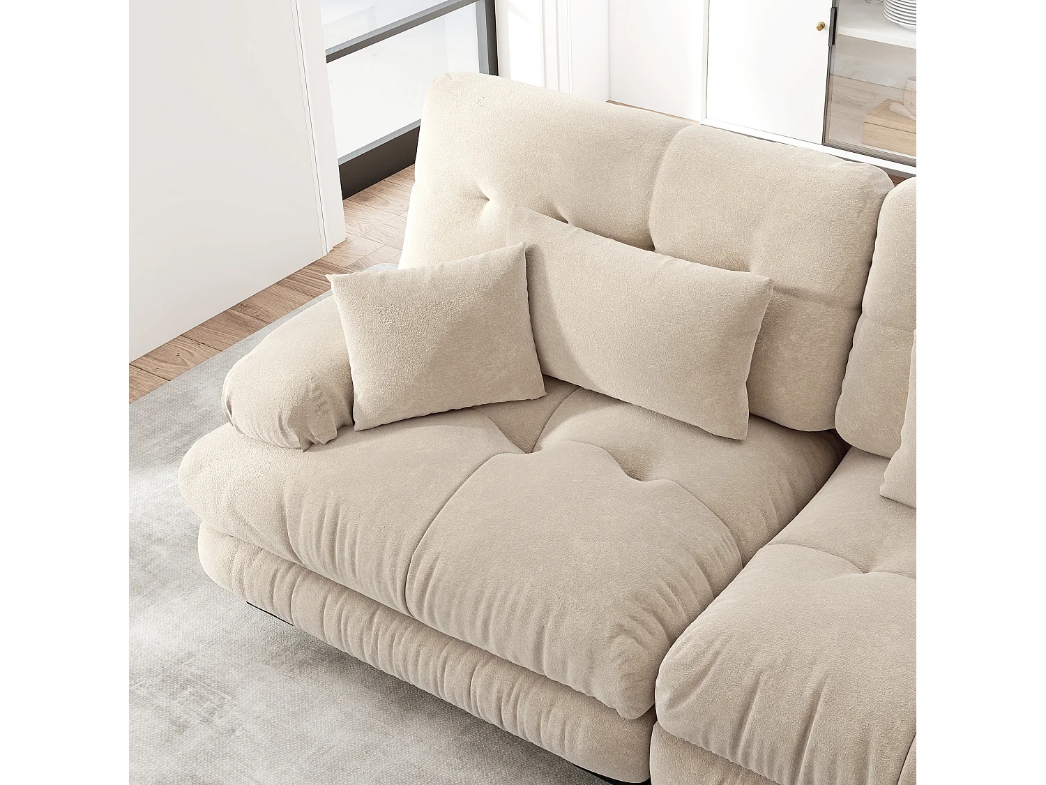 Divano componibile a 4 posti, 406 cm, in ciniglia con pouf - Marrone chiaro