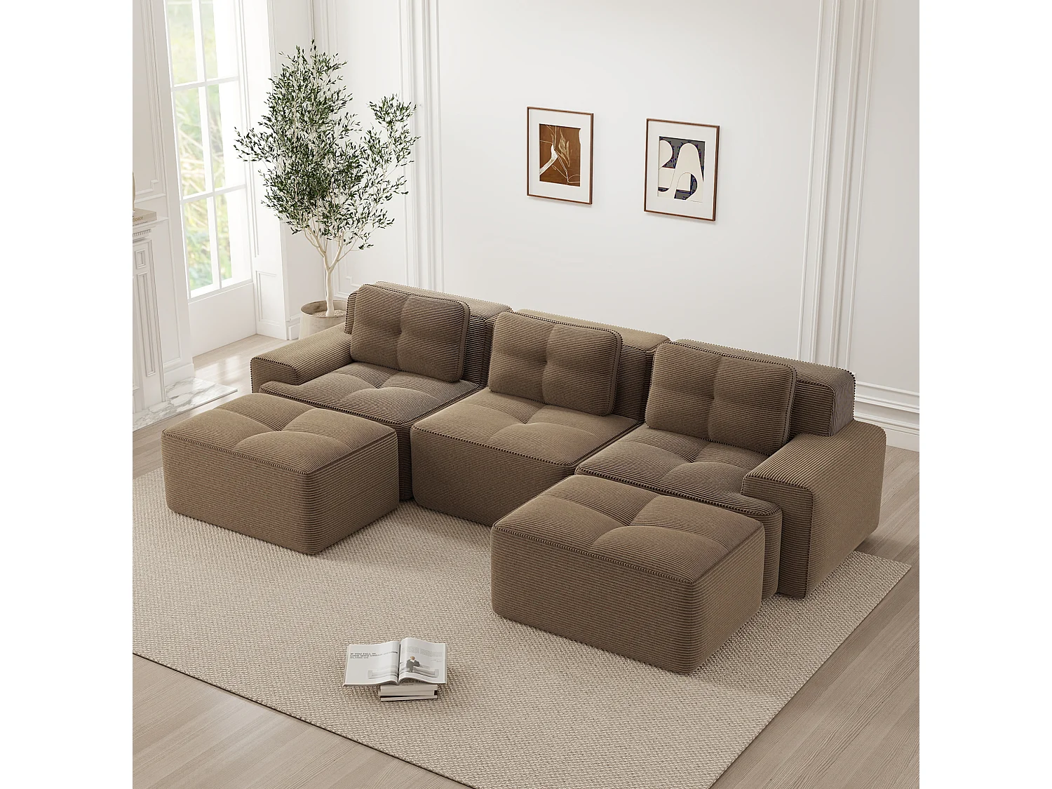 Canapé modulable en U 3 places avec 2 poufs et 3 coussins - Marron