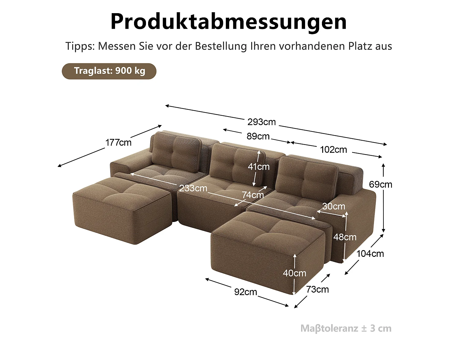 Canapé modulable en U 3 places avec 2 poufs et 3 coussins - Marron