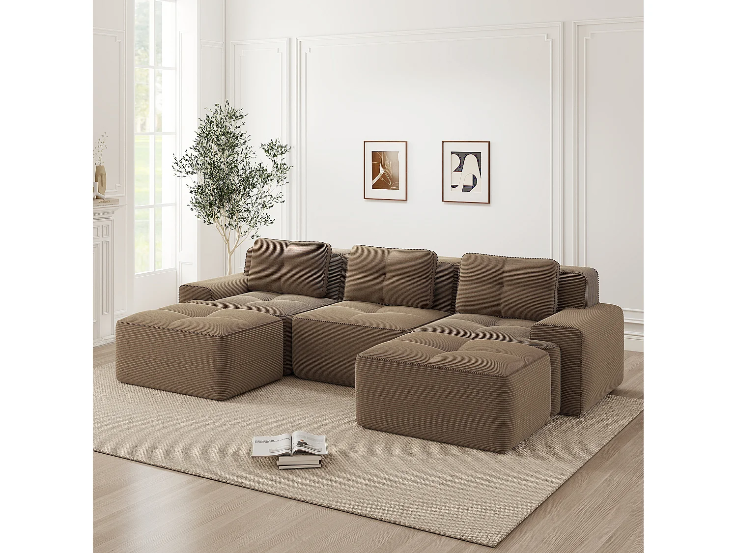 Canapé modulable en U 3 places avec 2 poufs et 3 coussins - Marron