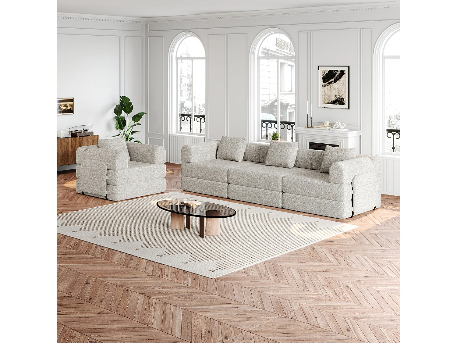 Sofá cama modular de 4 plazas de chenilla - Múltiples configuraciones - Caqui