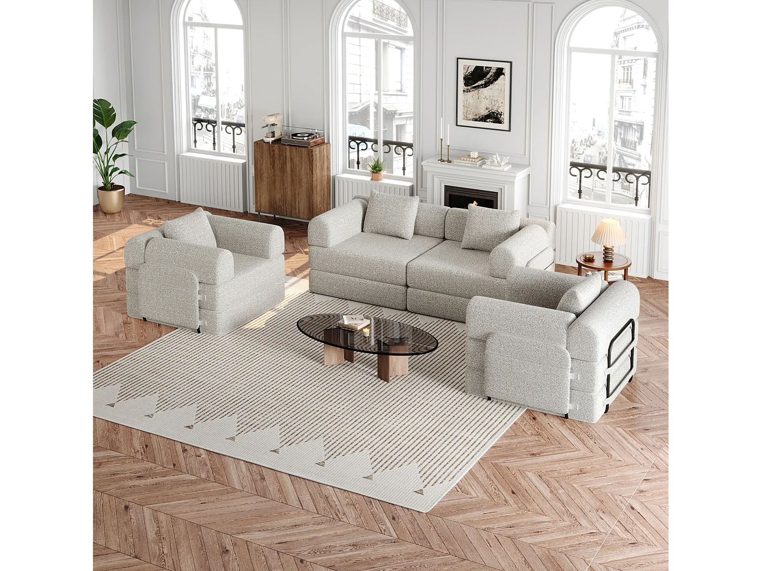 Sofá cama modular de 4 plazas de chenilla - Múltiples configuraciones - Caqui
