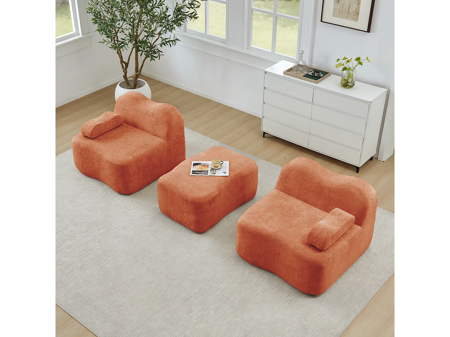 Sofá modular de 2 plazas de terciopelo con otomana - Forma ondulada - Naranja