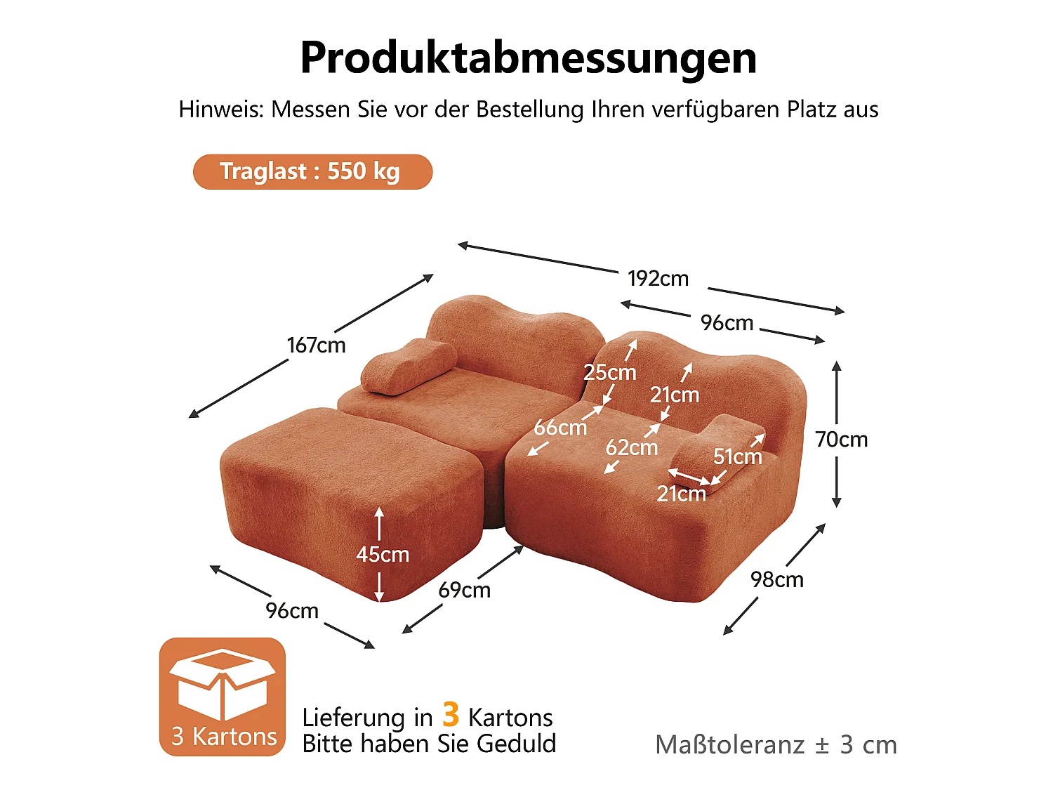 Sofá modular de 2 plazas de terciopelo con otomana - Forma ondulada - Naranja