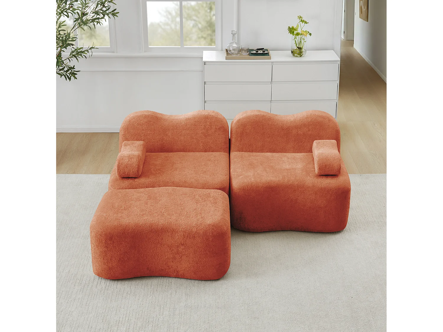 Sofá modular de 2 plazas de terciopelo con otomana - Forma ondulada - Naranja