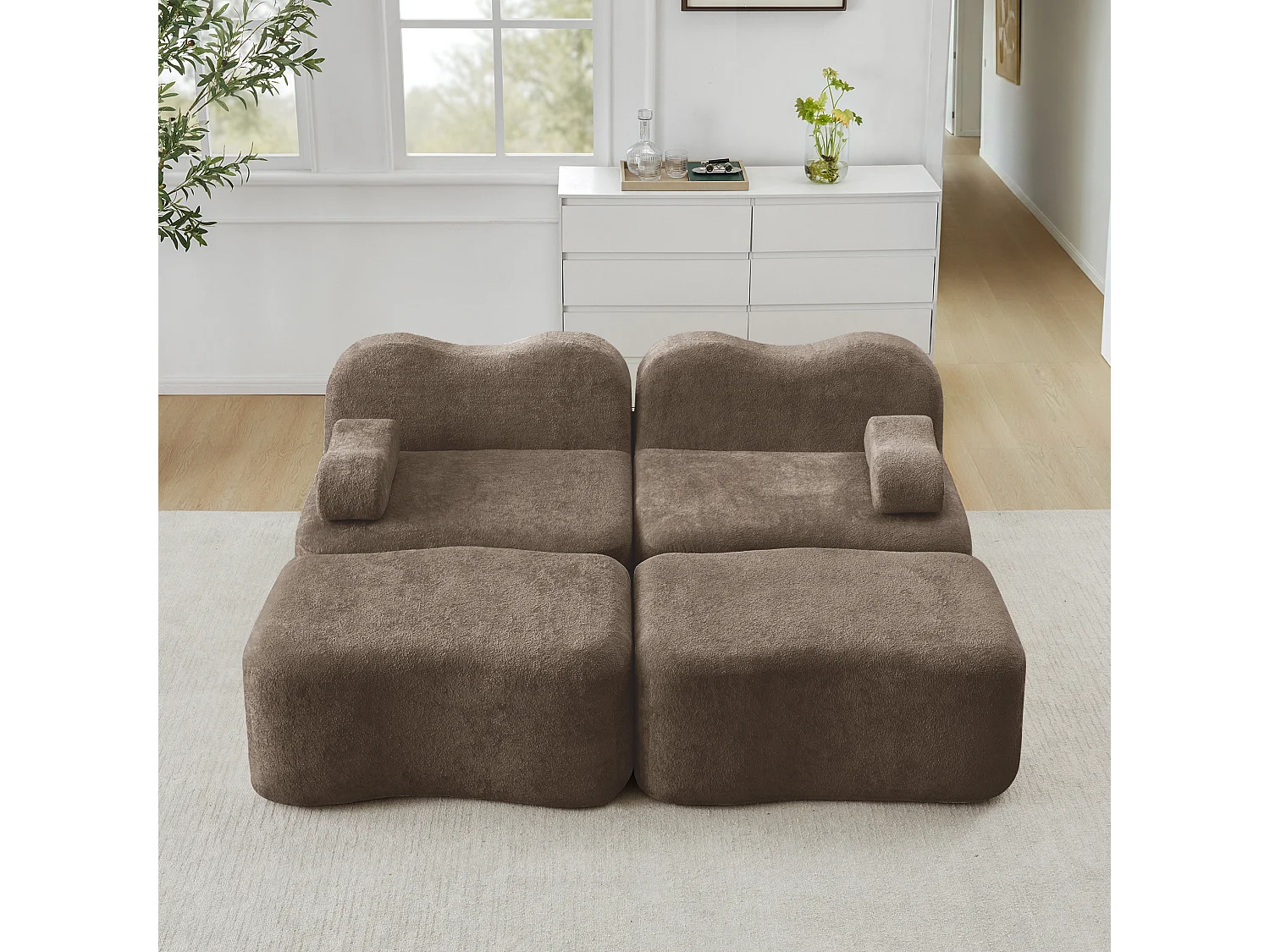 Modulaire 2-zitsbank van fluweel met 2 voetenbankjes - Golvend design - Bruin