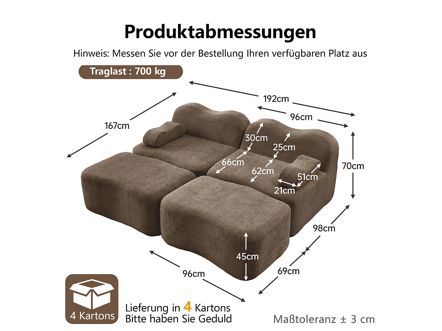 Modulaire 2-zitsbank van fluweel met 2 voetenbankjes - Golvend design - Bruin