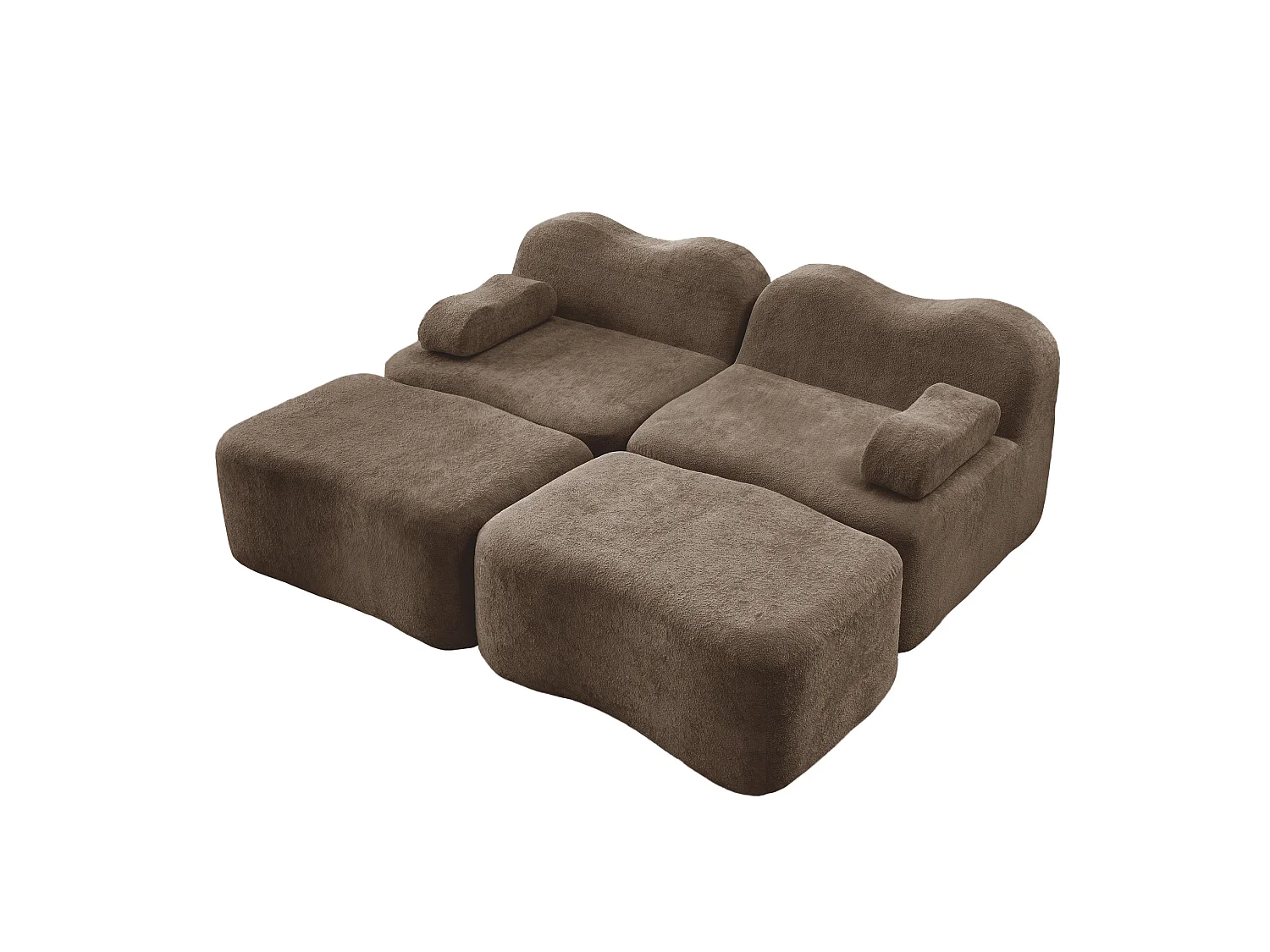 Modulaire 2-zitsbank van fluweel met 2 voetenbankjes - Golvend design - Bruin