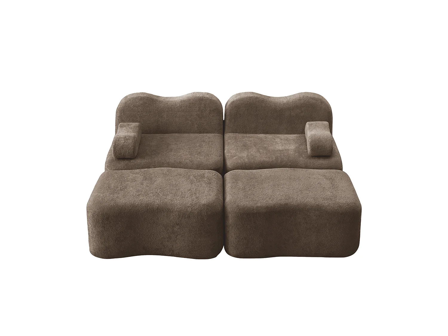 Modulaire 2-zitsbank van fluweel met 2 voetenbankjes - Golvend design - Bruin