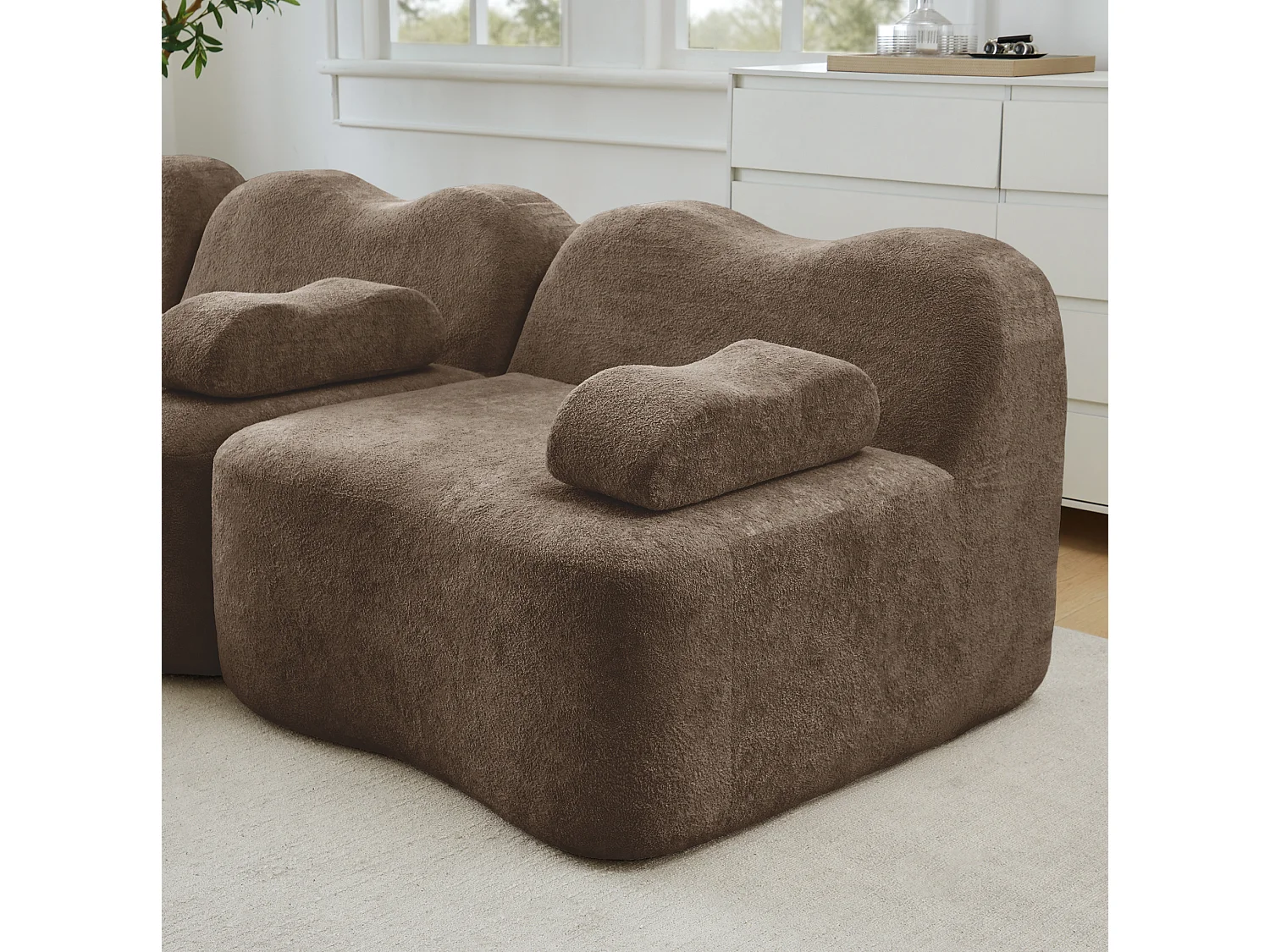 Modulaire 2-zitsbank van fluweel met 2 voetenbankjes - Golvend design - Bruin