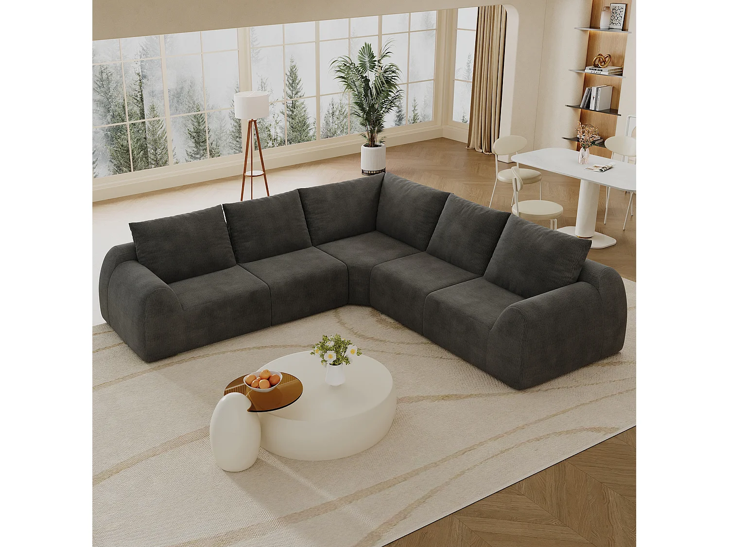 Canapé d'angle modulable en L 5 places 267 cm - Chenille gris foncé