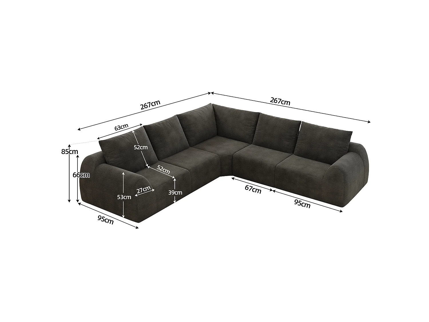 Canapé d'angle modulable en L 5 places 267 cm - Chenille gris foncé