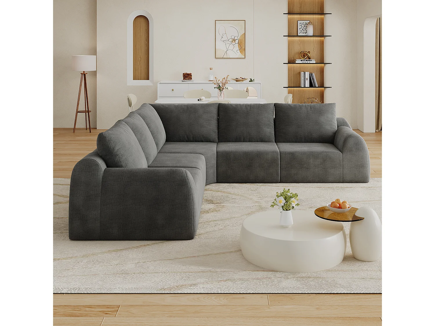 Canapé d'angle modulable en L 5 places 267 cm - Chenille gris foncé