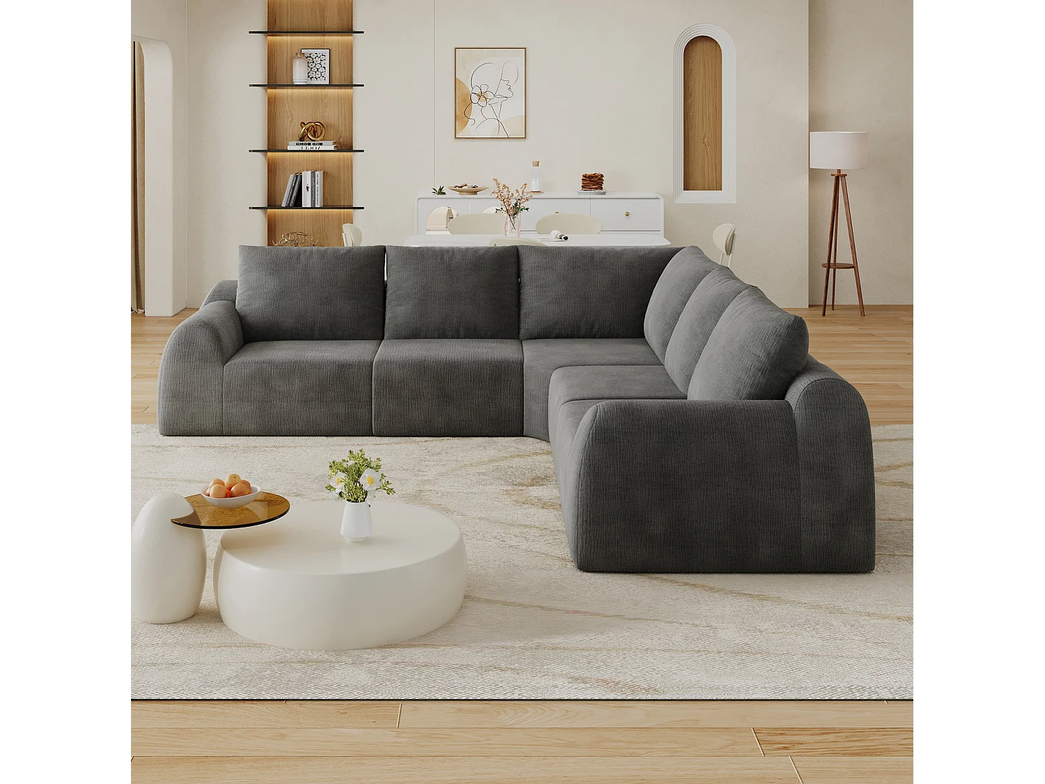 Canapé d'angle modulable en L 5 places 267 cm - Chenille gris foncé