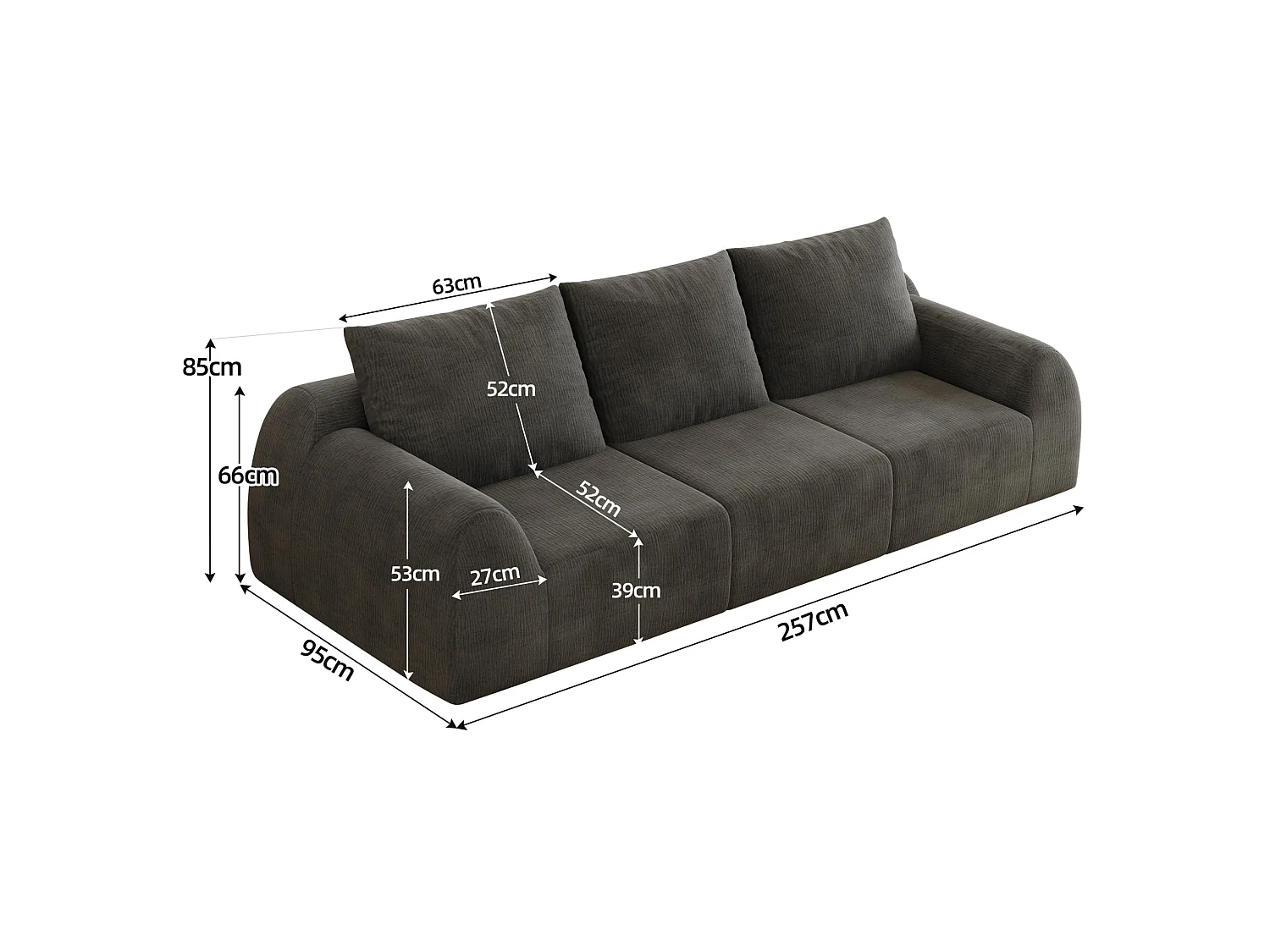 Canapé compressé modulable 3 places en chenille - Gris foncé