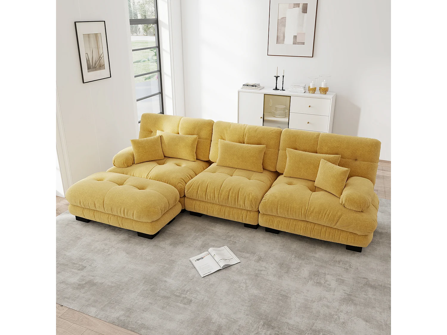 Canapé modulable 3 places 313 cm avec pouf - Tissu chenille jaune